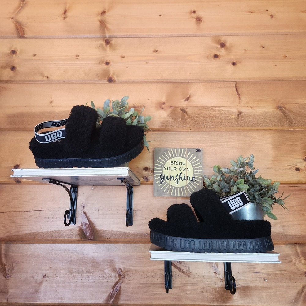 UGG OH FLUFFITA Lamb Fur Platform Slingback Sandals Slippers 1120876 Black Sz 6